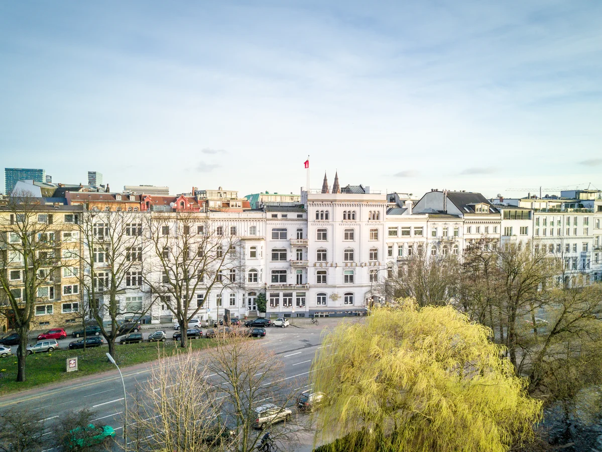 An aerial view of the hotel and Outer Alster